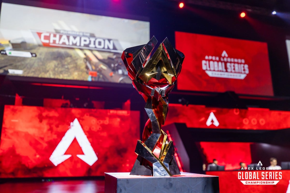 The ALGS Championship 2023 trophy in front of the Resorts World Arena stage.