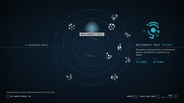 Image of the powers menu from Starfield, displaying the Anti-Gravity field stats.