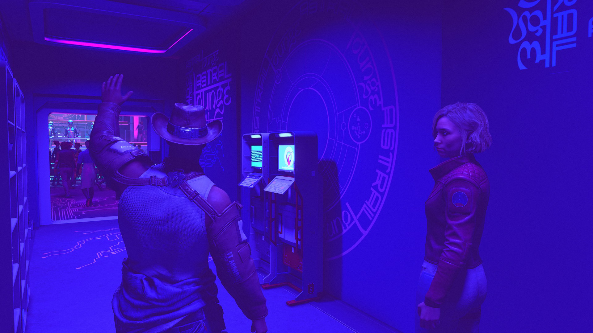 Starfield player stood next to bounty clearance kiosk in Neon's Astral Lounge