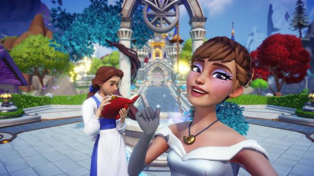 The player taking a selfie with Belle while she reads.