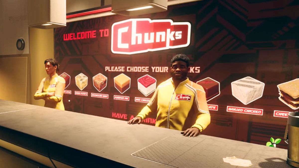 Two people behind a food counter of a chunks store in Starfield