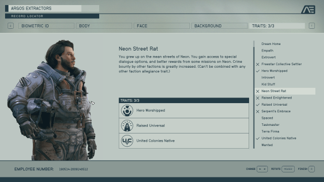 The character creator screen showing the United Colonies Native trait