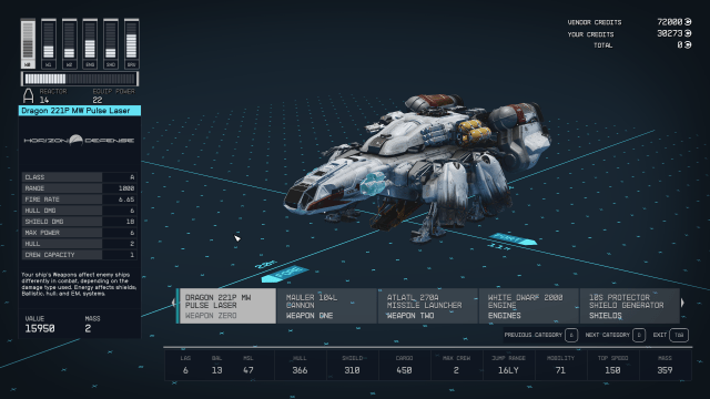 The ship customization menu in Starfield