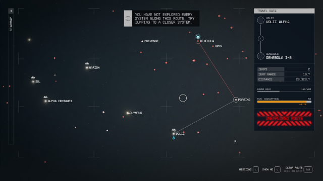 A screenshot of the galaxy map showing how to get to Denebola in Starfield.
