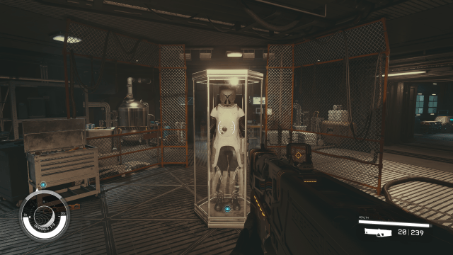 The Mantis spacesuit in a display case in Starfield.