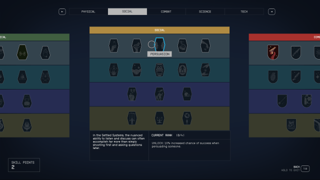 The skill tree showing the Persuasion ability 