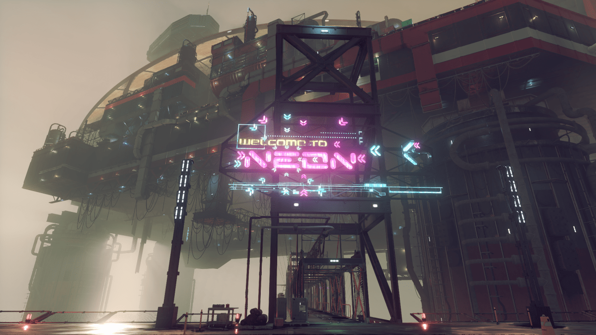 A neon sign welcoming starfarers to Neon, a city in Starfield.