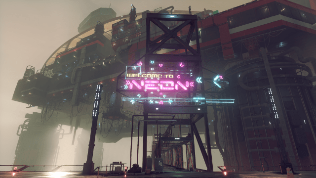 A neon sign welcoming starfarers to Neon, a city in Starfield.