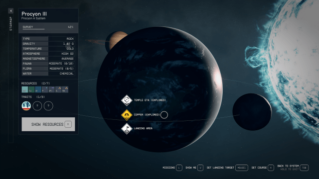 The galaxy map of Pyrocyon III, a dark planet in front of a blue sun. Three icons showing landing zones appear on the planet's map.