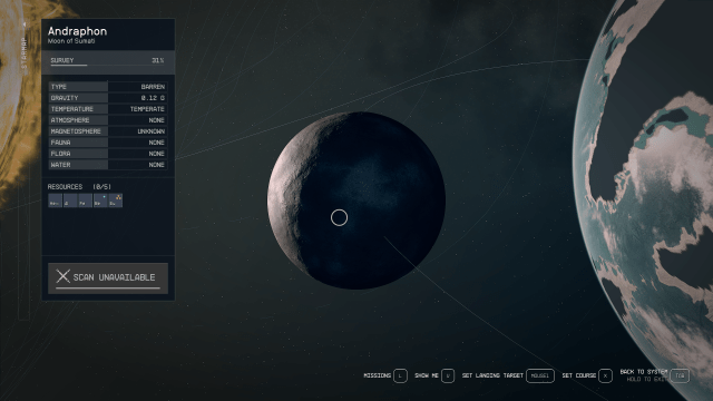 The galaxy map of Andraphon, a small  rocky moon sandwiched between a planet and a sun.