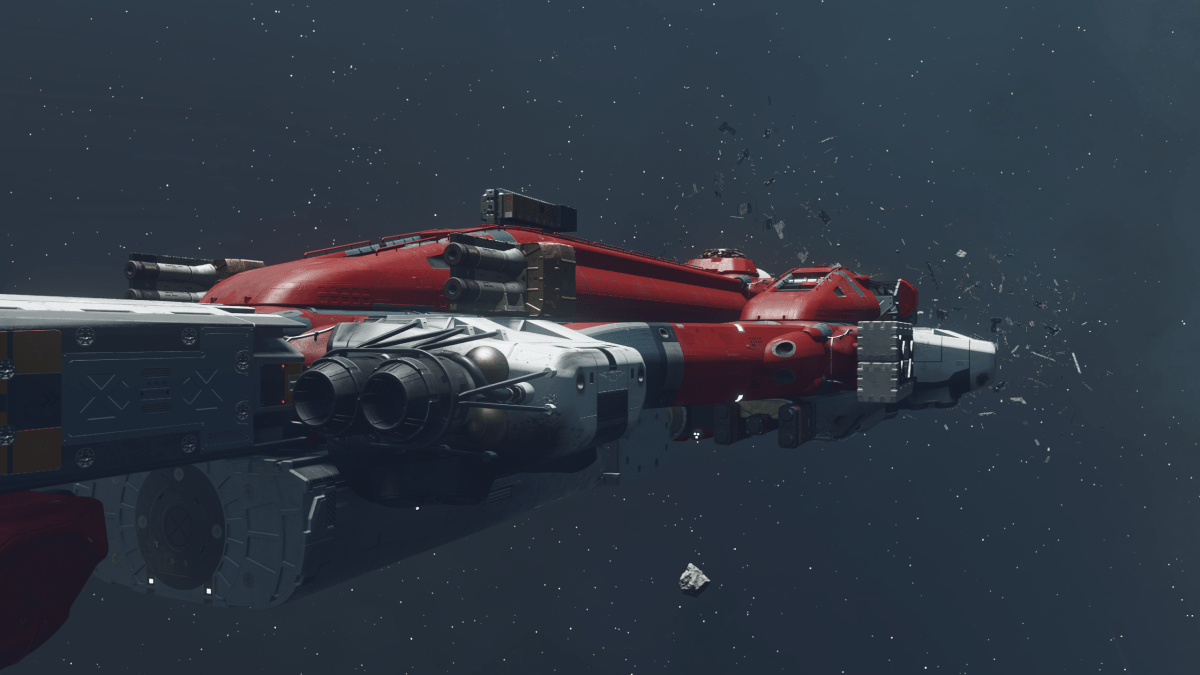 Our ship with a red color scheme in Starfield