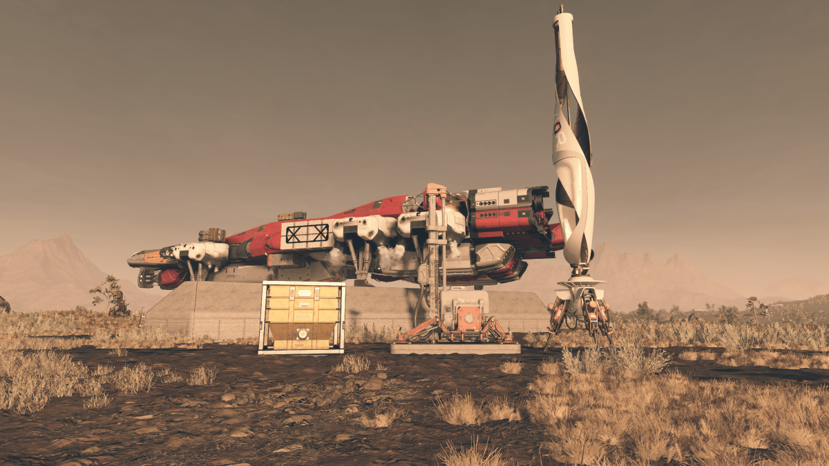 A screenshot of our ship overlooking an outpost in Starfield