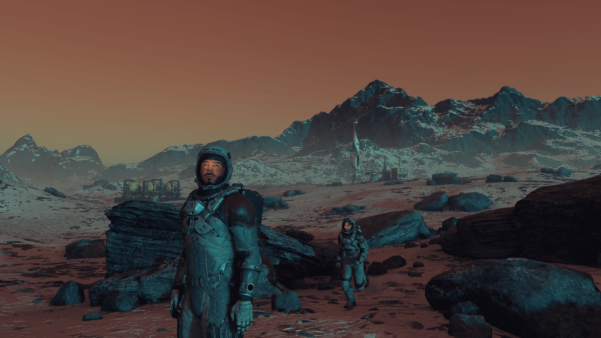 Our character looking off into the distance on a planet