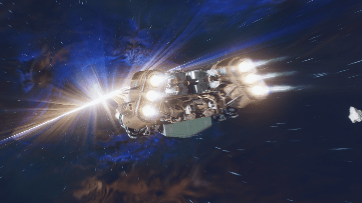 A ship in Starfield taking off into orbit