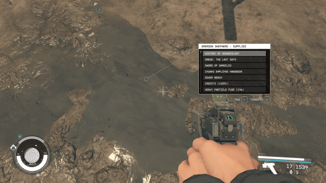 An inventory menu being shown on screen along with a puddle on the ground