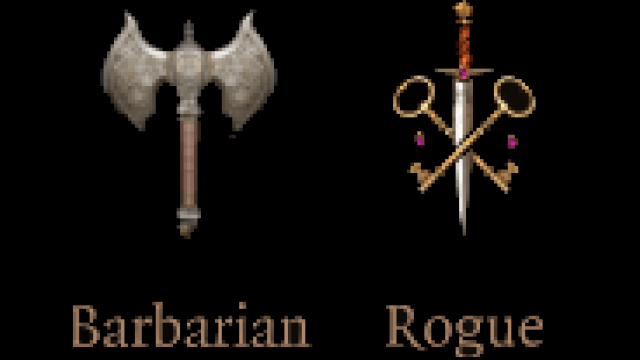 The class symbols for Barbarian (Axe) and Rogue (Knife with Keys) in BG3, standing next to one another.