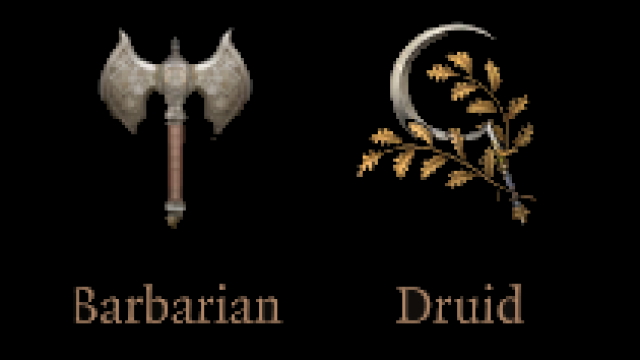 The symbols for Barbarian (Axe) and Druid (Sickle with Plants) in BG3, standing next to one another.