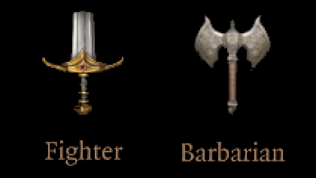 The class symbols for Fighter (Sword) and Barbarian (Axe) in BG3, standing next to one another.