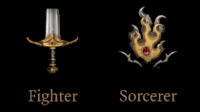The class images for Fighter (Sword) and Sorcerer (Flame) in BG3, standing next to one another.