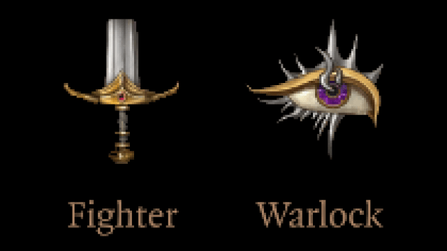 The BG3 symbols for Fighter (Sword) and Warlock (Eye), displayed next to one another.