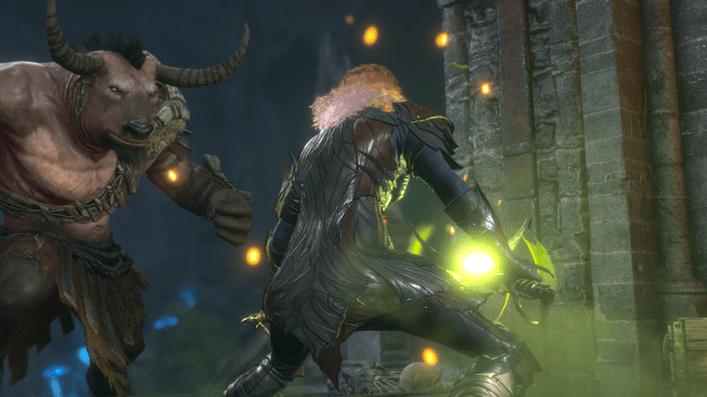A pink-haired man wearing leather armor summons energy into their weapon in BG3 before clashing with a minotaur.