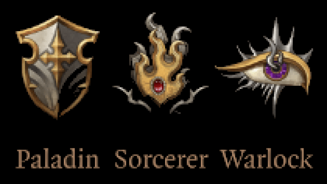The class symbols for a Paladin (Shield), Sorcerer (Flame), and Warlock (Eye) in BG3, standing next to one another.