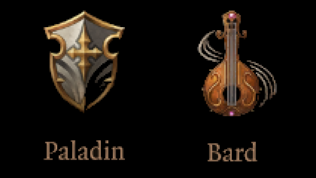 The symbols for Paladin (Shield) and Bard (Lute) in BG3, standing next to each other.