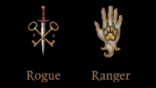 The class symbols for Rogue (Knife with Keys) and Ranger (Hand with Paw) in BG3, standing next to one another.