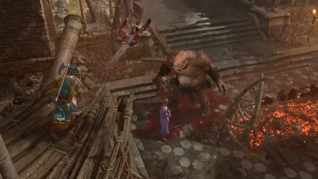 A Barbarian throws a Halfing at an Ogre in Baldur's Gate 3, narrowly missing Gale.