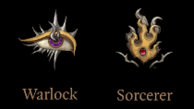 The symbols for Warlock (Eye) and Sorcerer (Flame) in BG3, standing next to each other.