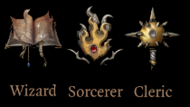 The class symbols for Wizard (Book), Sorcerer (Flame), and Cleric (Mace) in BG3, standing next to one another.