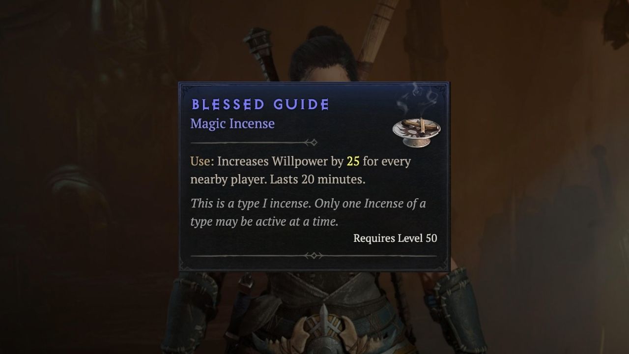 A card with details on Blessed Guide consumable in Diablo 4