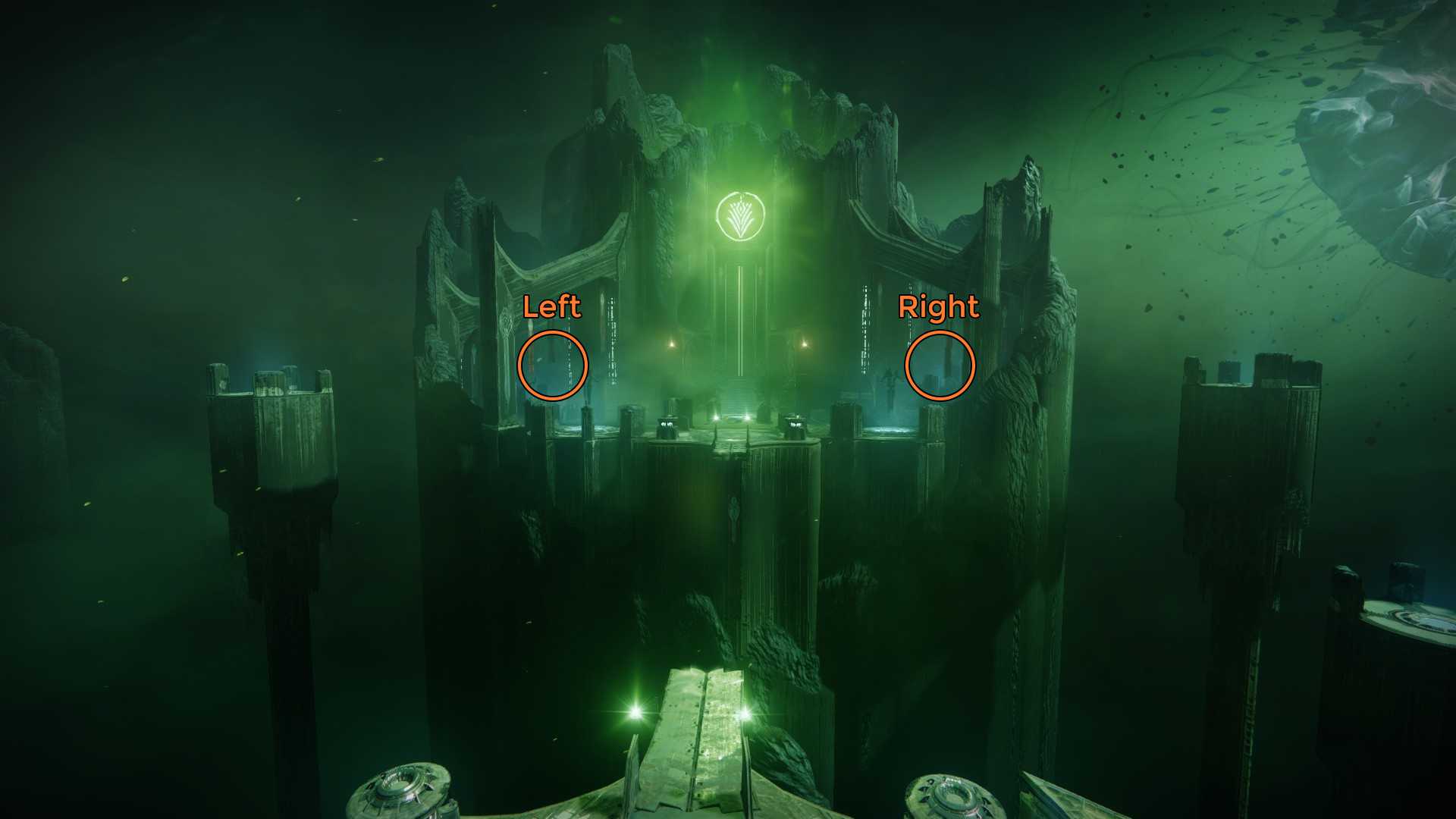 The other side of the Bridge encounter, with two marks showing the approximate locations of the Hive statues on each side.