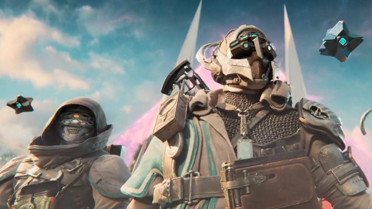 Two people wearing astronaut suits with robots in Destiny 2