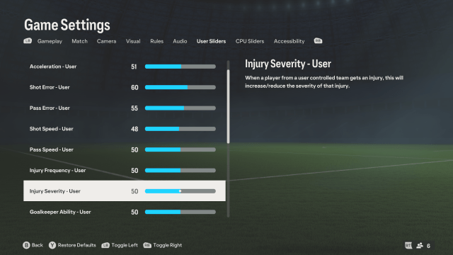 A screenshot of the game settings in EA FC showing the User Sliders.