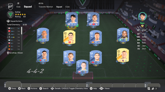 A concept team in EA FC 24 Ultimate Team showing Marcin Bulka, Achraf Hakimi, Joao Cancelo, James Tarkowski, Kieran Trippier, Moses Simon, Anderson Talisca, Saul, Exequiel Palacios, Son heung-Min, and Harry Kane.