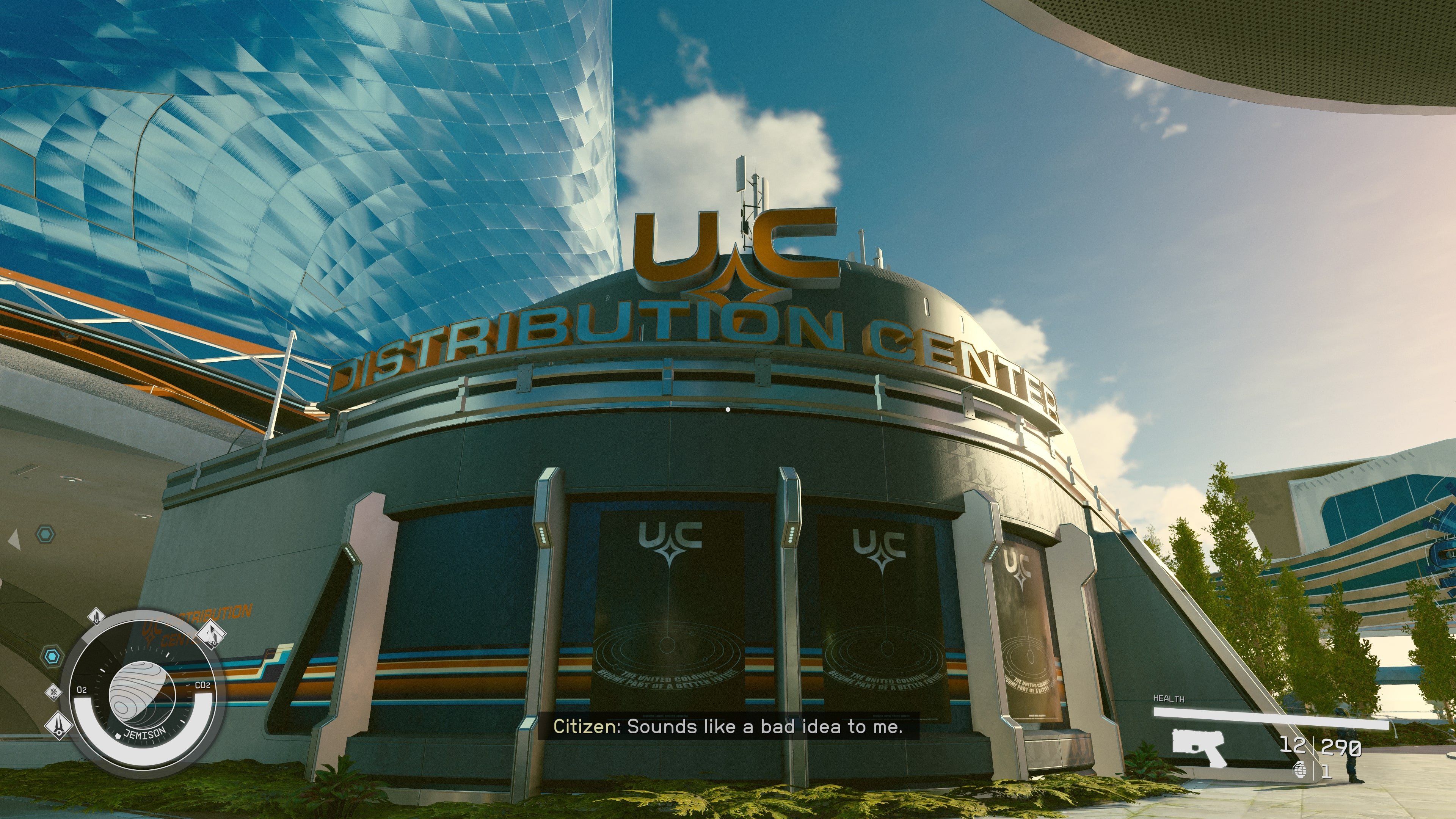 An in game image of the UC Distribution Center building from the sci fi game Starfield. 