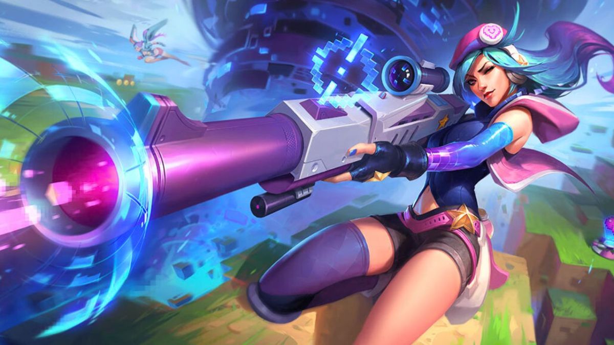 Woman wielding a gun in an arcade-themed world in League of Legends