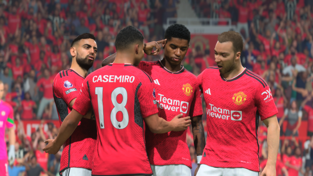 Marcus Rashford of Manchester United celebrates in EA FC 24 after scoring a goal.