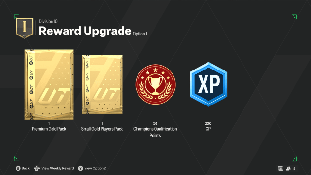 A example of the Rivals rewards in EA FC 24, showing the Reward Upgrade for Division 10 that provides a Premium Gold Pack, a Small Gold Players Pack, 50 Champions Qualification Points, and 200 XP.