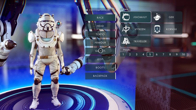A screenshot from No Man's Sky showcasing the playable character in a space suit and customization options.