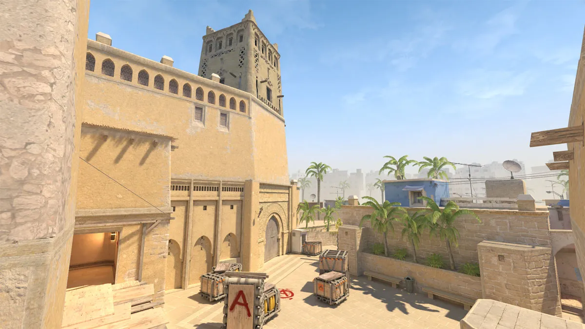 A dusty palace with palm trees and small structures on Mirage in Counter-Strike 2.