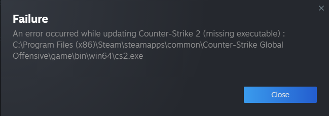 Error message shown when updating CS2.