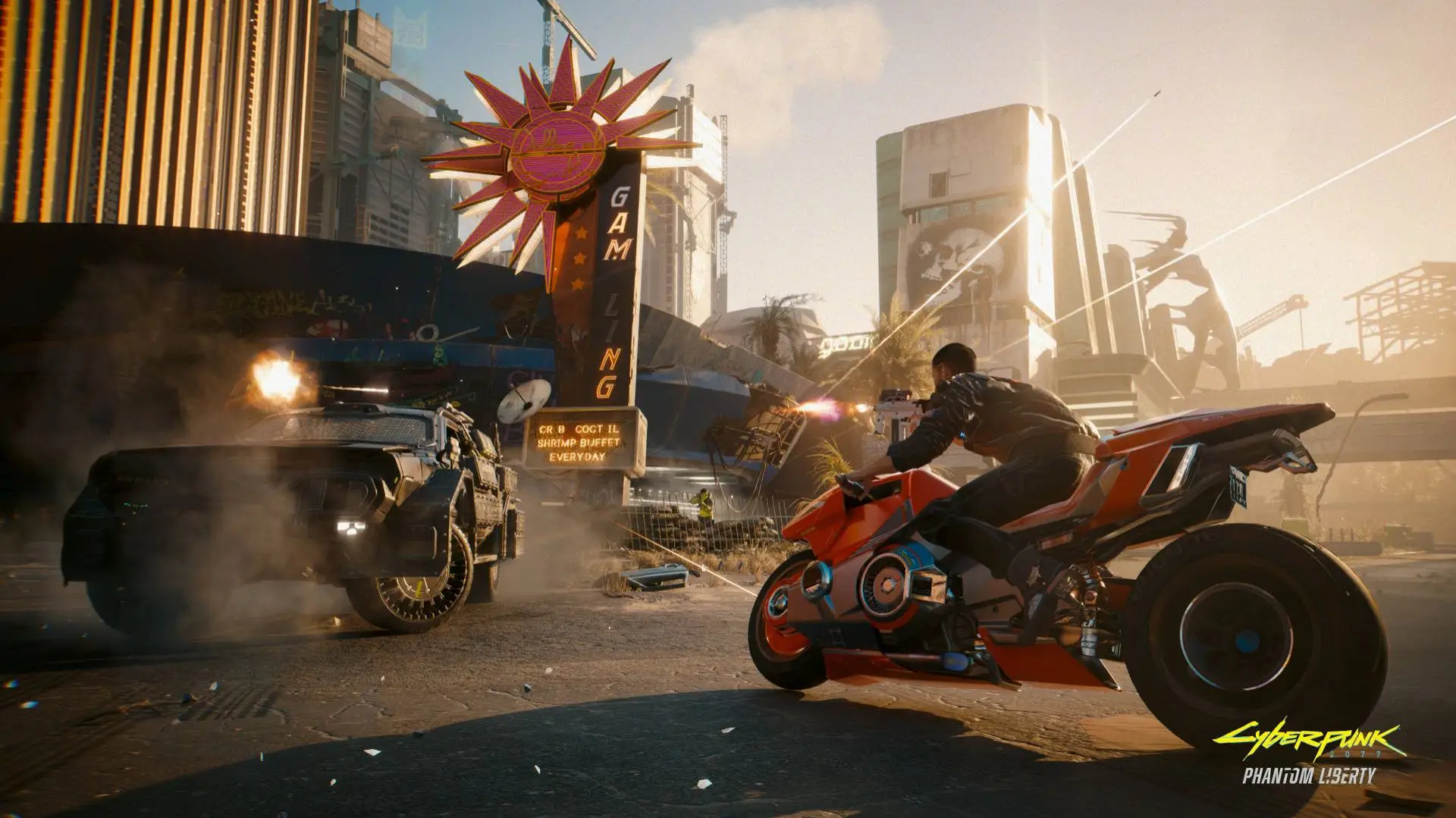 A player riding a bike near a city as the sun sets in Cyberpunk 2077.