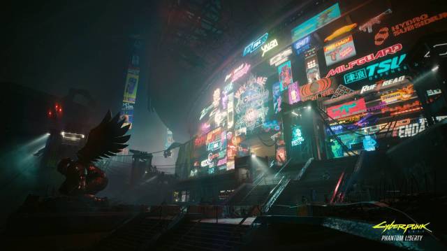 A statue in front of a staircase leading to a wall of neon signs in the darkness in Night City on Cyberpunk 2077.