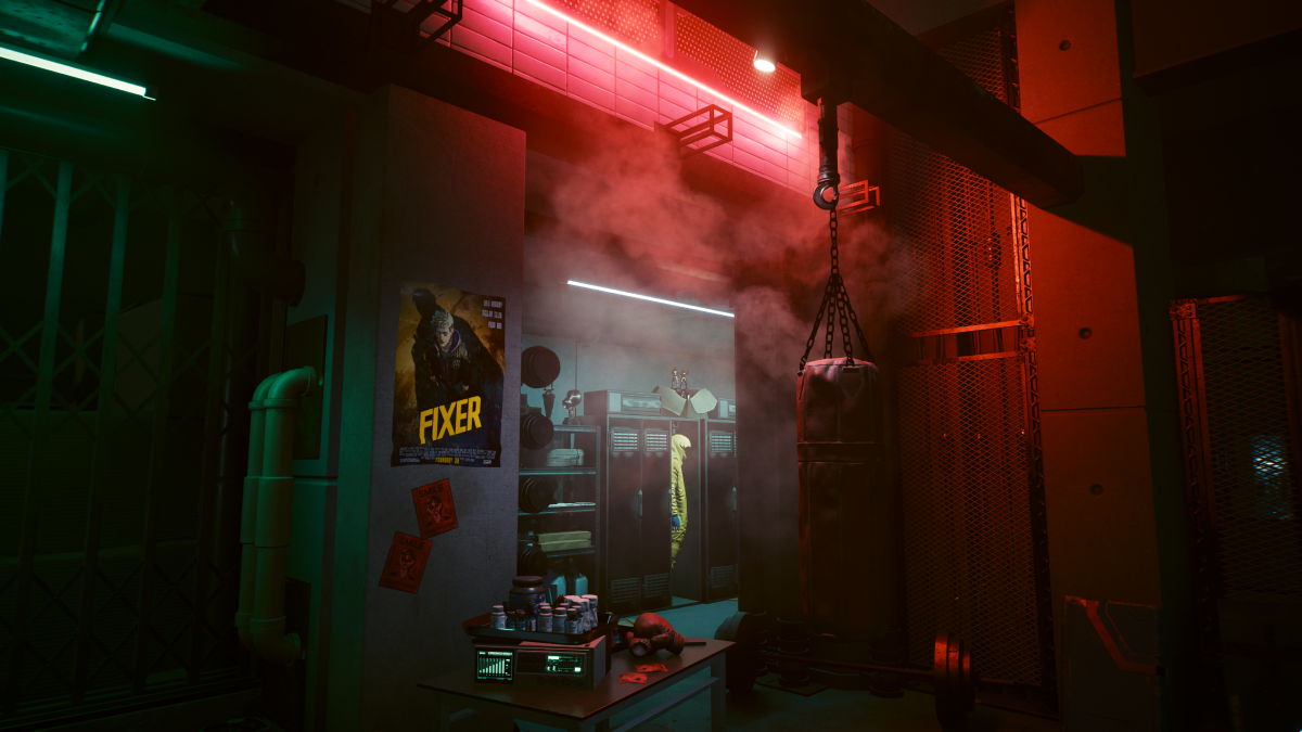 Inside a ripperdoc studio in Cyberpunk 2077.