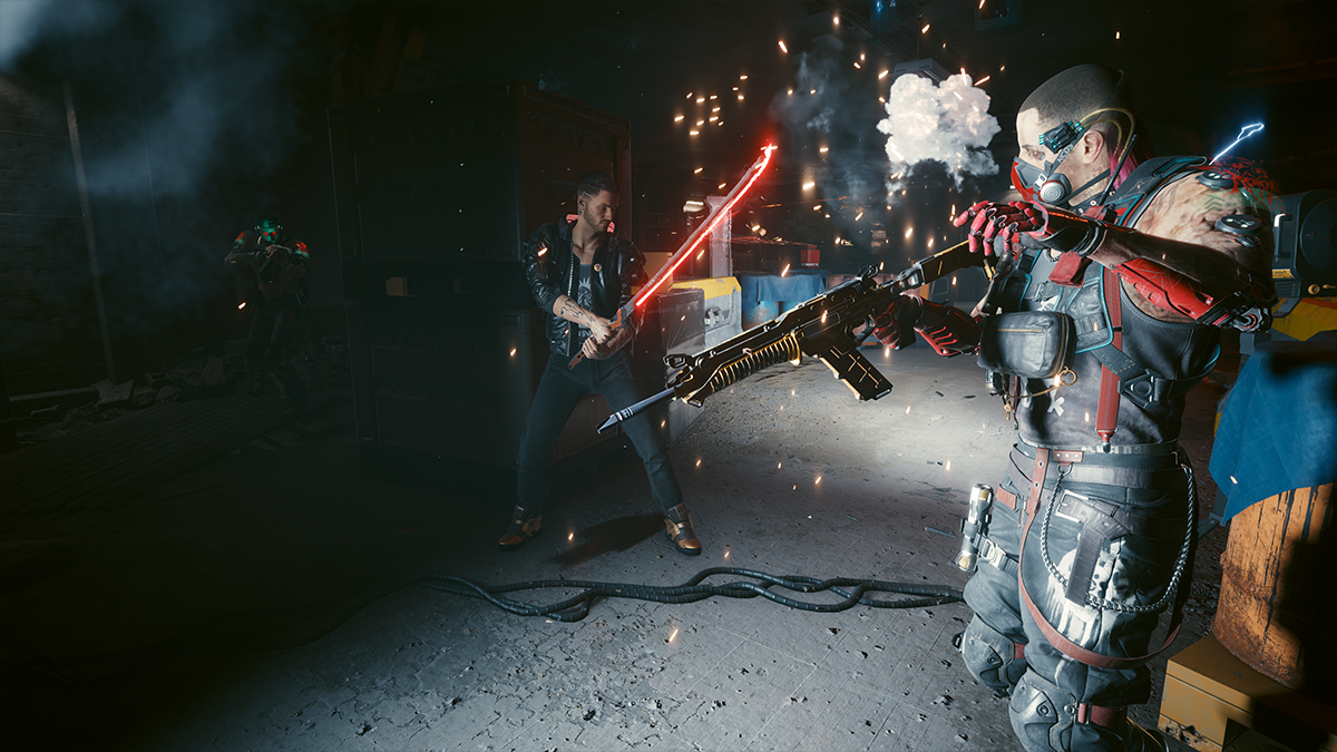 A man with a katana fights a man holding a gun in Cyberpunk 2077. 