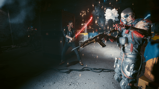 A character wields a sword against a character with a gun in Cyberpunk 2077. 