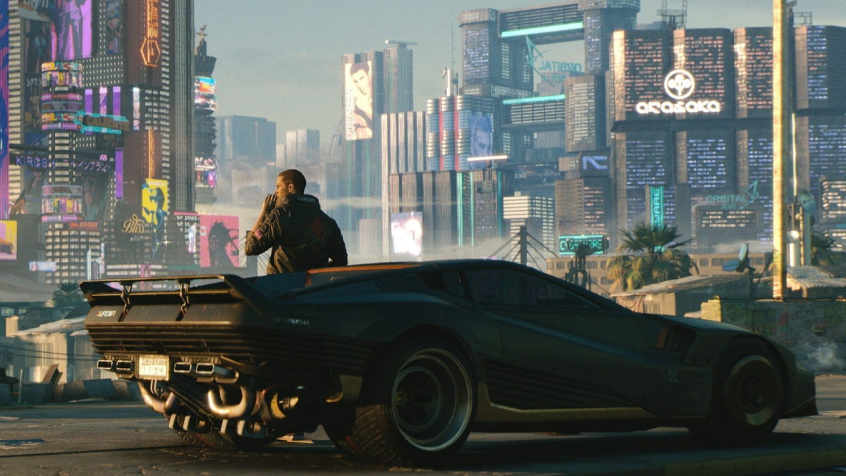A cyberpunk character leaning on a car in Night City.