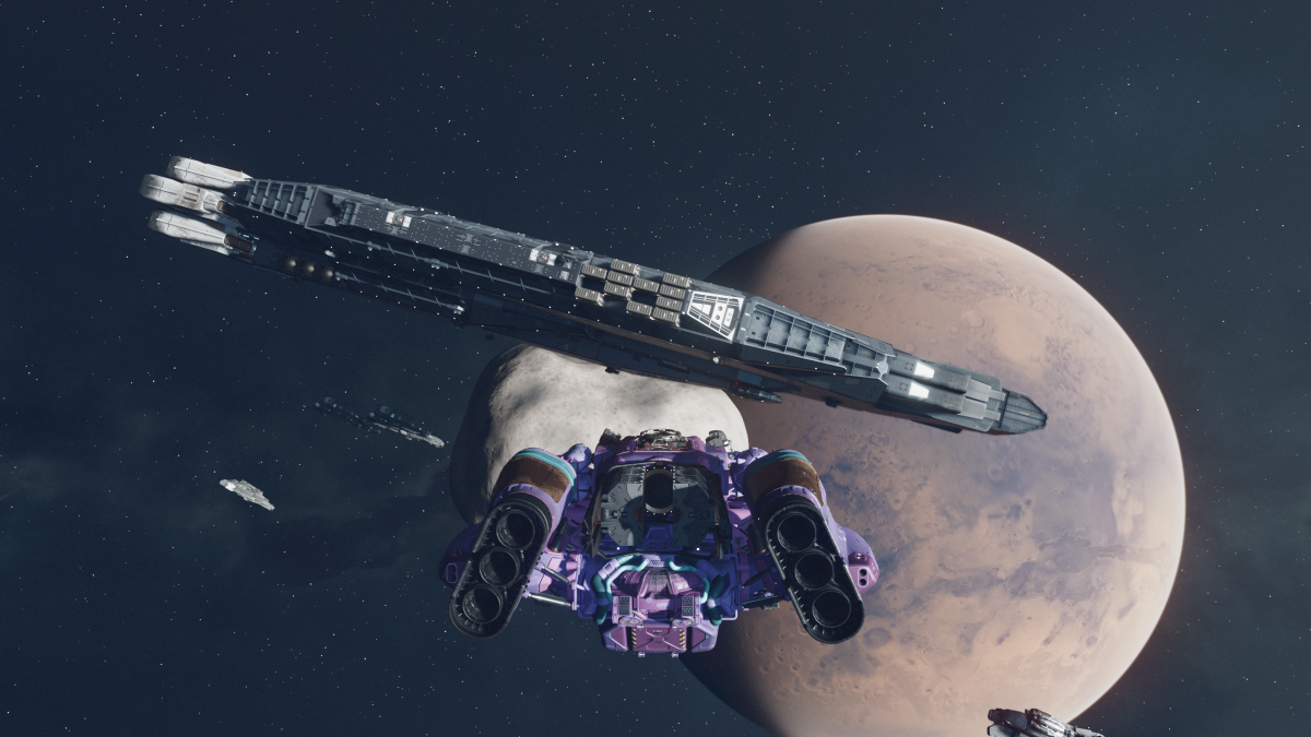 An in game screenshot of two ships and a planet from the game Starfield.